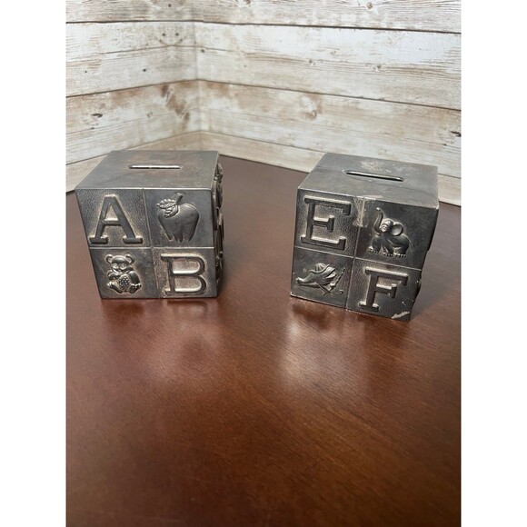 Pewter Brush Finish‎ Alphabet Block Baby Piggy Bank Metal Cube - Picture 1 of 9